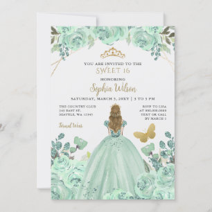 Mint Gold Floral Princess Butterfly Sweet 16 Einladung