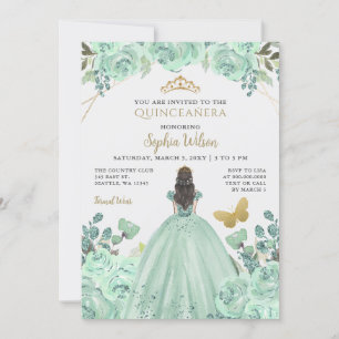 Mint Gold Floral Prinzessin Quinceañera Quince Einladung