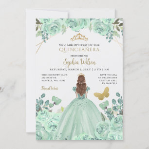 Mint Gold Floral Prinzessin Quinceañera Quince Einladung