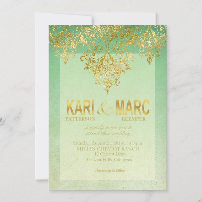 Mint & Gold Gatsby Glitzer Blüh Hochzeit Einladung (Vorderseite)