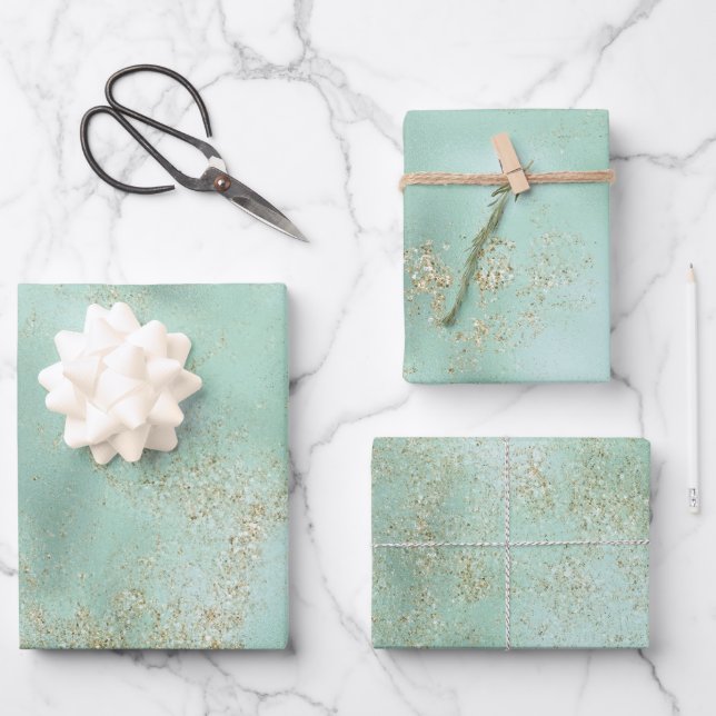 Mint Gold Glitzer Glitz Geschenkpapier Set (Vorderseite)