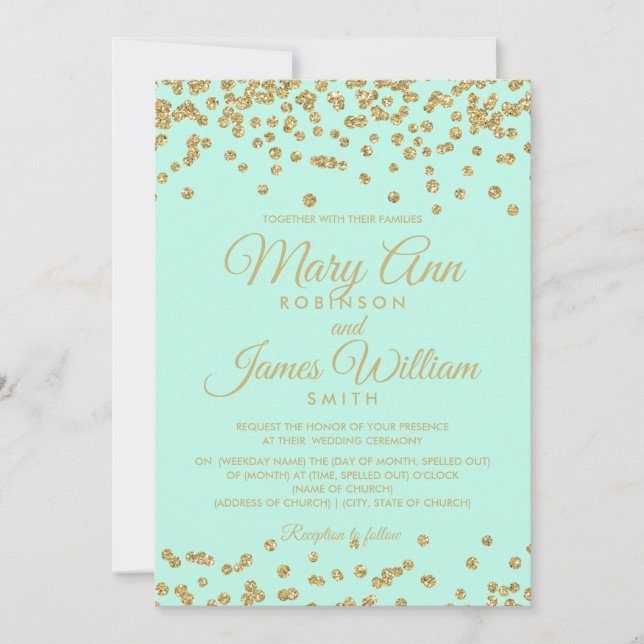 Mint & Gold Imitate Glitzer Confetti Einladung (Vorderseite)