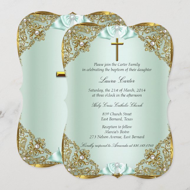Mint Gold Pearl Damask Cross Taufen Christening Einladung (Vorne/Hinten)