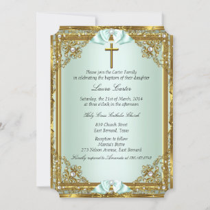 Mint Gold Perlmuster-Damask-Kreuz Taufe 2 Einladung