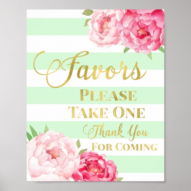 Mint Gold Pink Aquarell Blumenfavoriten Zeichen Poster (Vorne)