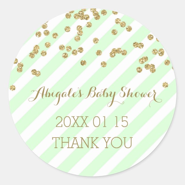 Mint Gold Stripes Baby Dusche Gefälligkeitsaufkleb Runder Aufkleber (Vorderseite)