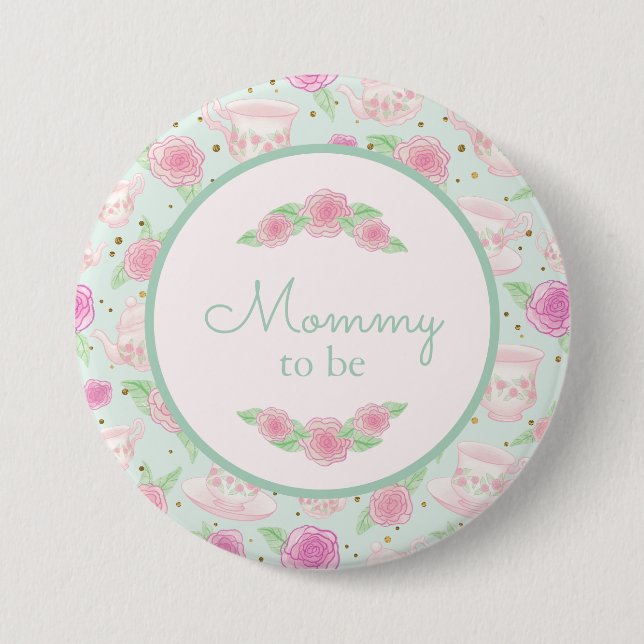 Mint Gold Tea Party Mommy zur Kinderdusche Button (Vorderseite)