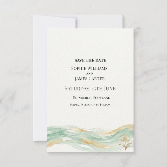 MINT-GOLD-WASSERFARBENE HOCHZEIT SAVE THE DATE (Vorderseite)