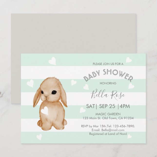 Mint Gray Bunny Baby Shower Einladungen (Vorne/Hinten)