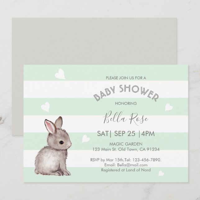 Mint Gray Bunny Baby Shower Einladungen (Vorne/Hinten)