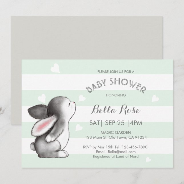 Mint Gray Heart Bunny Baby Shower Einladungen (Vorne/Hinten)