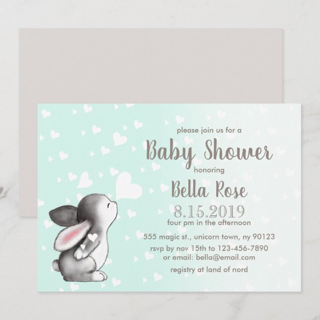 Mint Gray Hearts Bunny Baby Shower Einladungen (Vorne/Hinten)