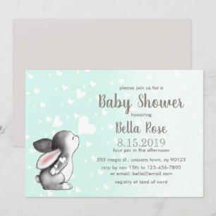 Mint Gray Hearts Bunny Baby Shower Einladungen