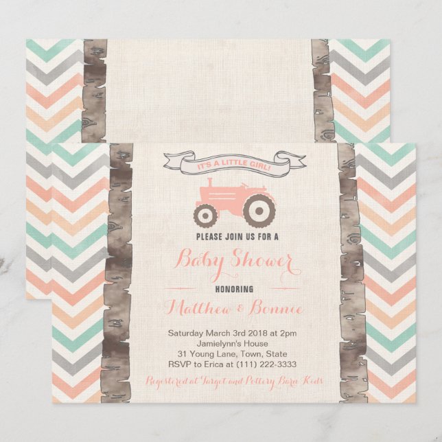 Mint Gray Peach Tractor Girl Baby Dusche Einladung (Vorne/Hinten)