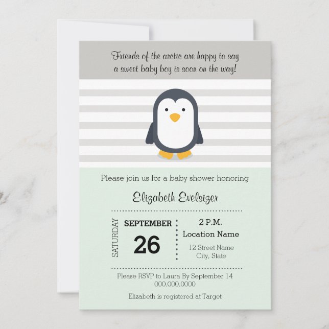 Mint Gray Pinguin Kinderdusche Einladung (Vorderseite)