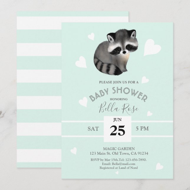 Mint Gray Raccoon Baby Shower Einladungen (Vorne/Hinten)
