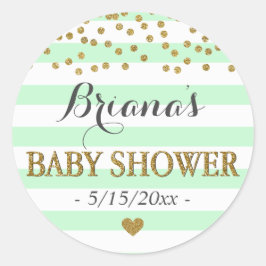 Mint Green Aqua Gold Stripe Confetti Baby Dusche Runder Aufkleber