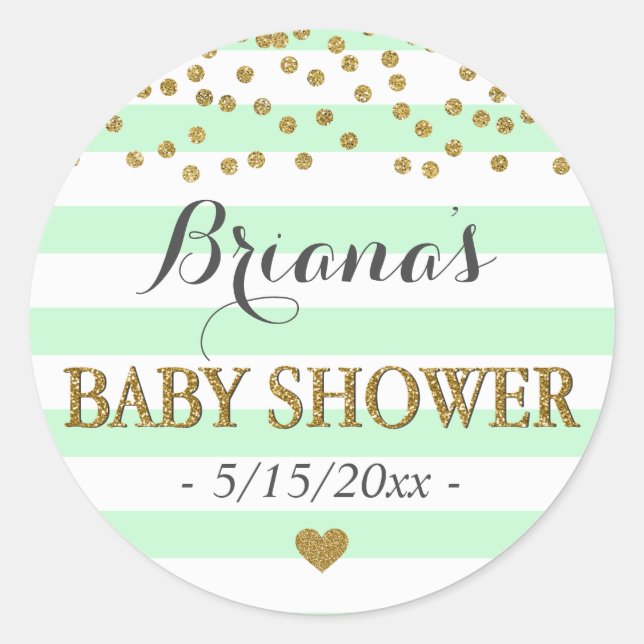 Mint Green Aqua Gold Stripe Confetti Baby Dusche Runder Aufkleber (Vorderseite)