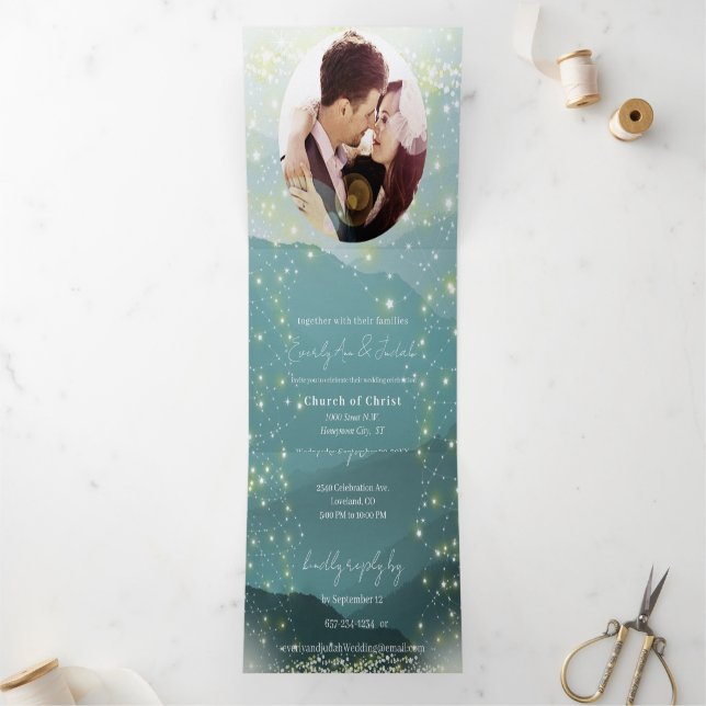 Mint Green Ash Mountain Hillside Wedding Dreifach Gefaltete Einladung (Innenseite)