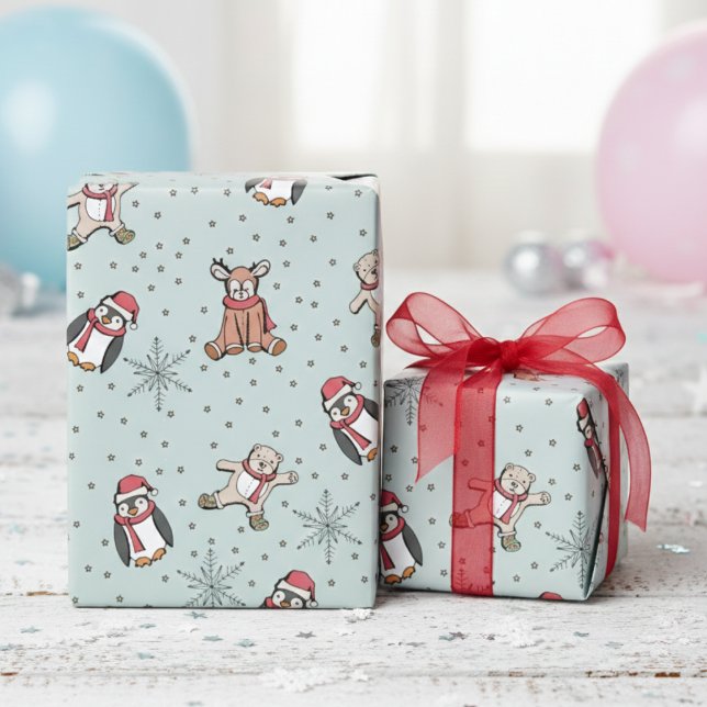 Mint Green Babys Erste Weihnachtswintertiere Geschenkpapier (Cute Winter Stuffed Animals, Snowflakes, Polka Dots Pattern Gender Neutral Xmas Gift Wrap for Kids)
