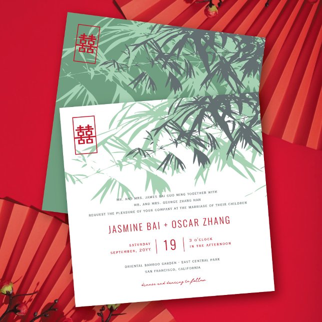 Mint Green Bamboo Blätter Moderne Zen Asiatische H Einladung (Mint Green Bamboo Leaves Modern Zen Asian Wedding Invitation @ fatfatin_red_knot)