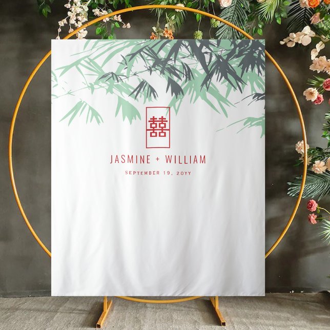 Mint Green Bamboo Verlasse chinesischer Hochzeitsh Wandteppich (Mint Green Zen Bamboo Leaves Double Happiness, Chinese Wedding Backdrop Tapestry @ fatfatin_red_knot)