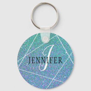 Mint Green Blue Faux Glitter Sparkles Monogram Schlüsselanhänger