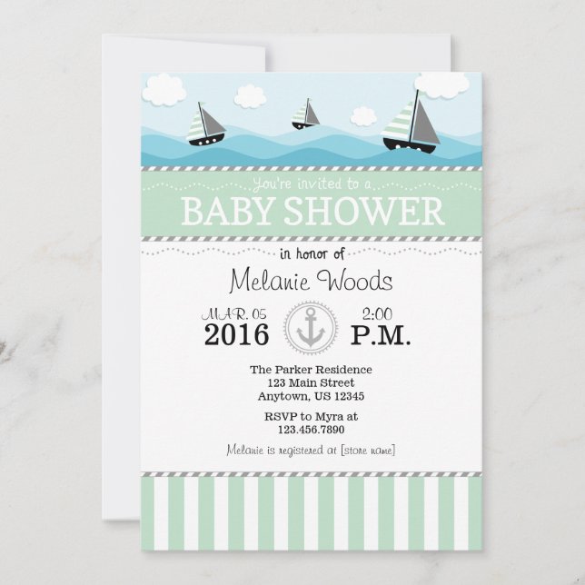 Mint Green Blue Nautical Baby Dusche Einladung (Vorderseite)