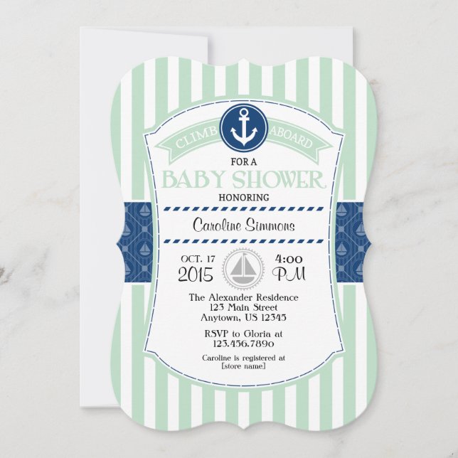 Mint Green Blue Nautical Baby Dusche Einladung (Vorderseite)