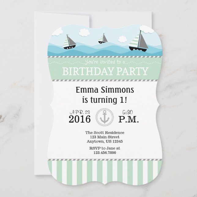 Mint Green Blue Nautical Birthday Einladung (Vorderseite)
