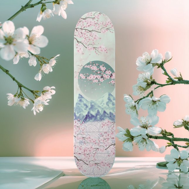 Mint Green Blue Pink Cherry Blossom Moon Mountain Skateboard (Von Creator hochgeladen)