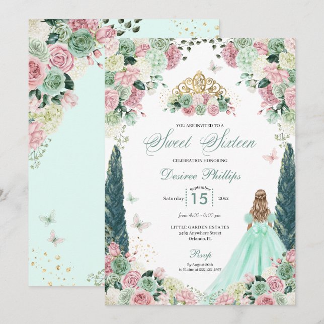 Mint Green & Blush Bezaubernder Garten 16 . Geburt Einladung (Vorne/Hinten)
