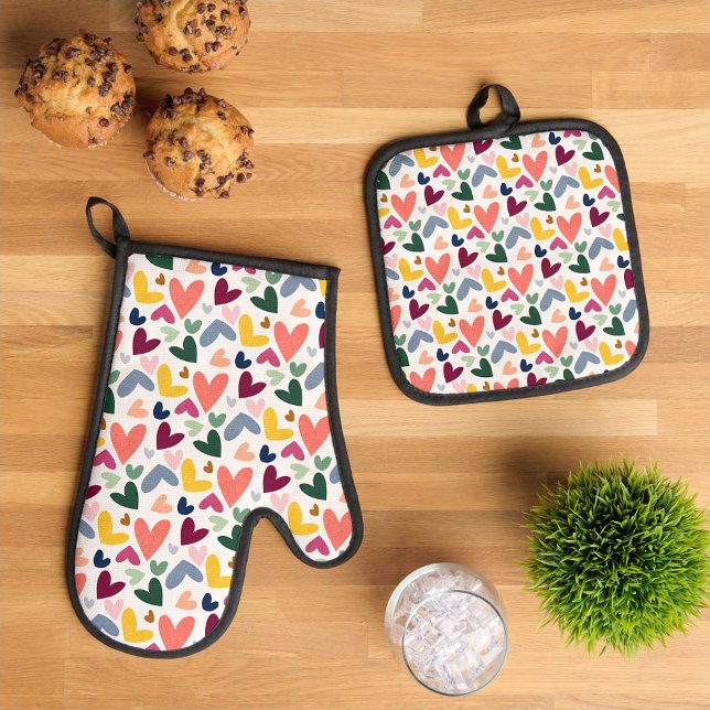 Mint Green Blush Pink Blue Hearts Art Muster Ofenhandschuh & Topflappen-Set (Von Creator hochgeladen)