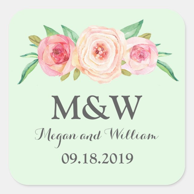 Mint Green Blush Pink Floral Monogram Wedding Quadratischer Aufkleber (Vorderseite)