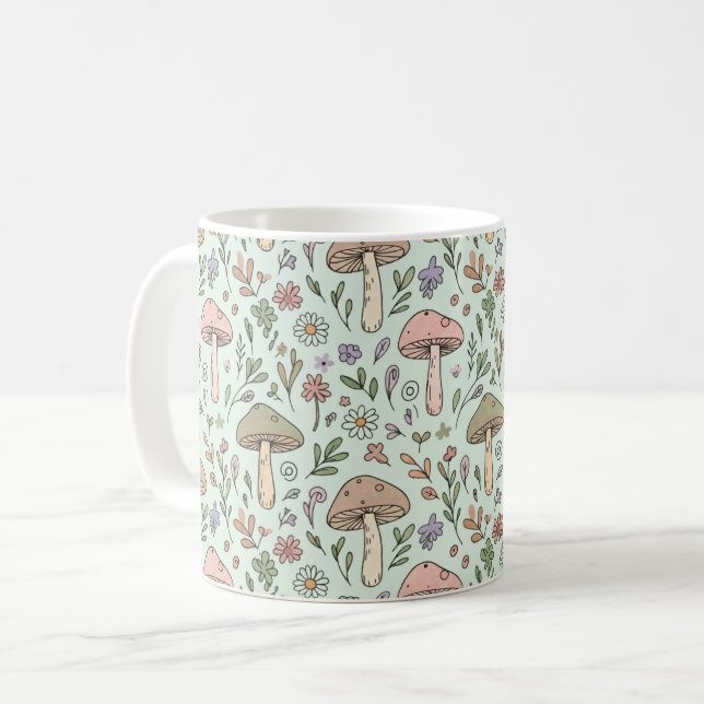 Mint Green Botanical Fungi Seamless Pattern Kaffeetasse (Vorderseite Links)