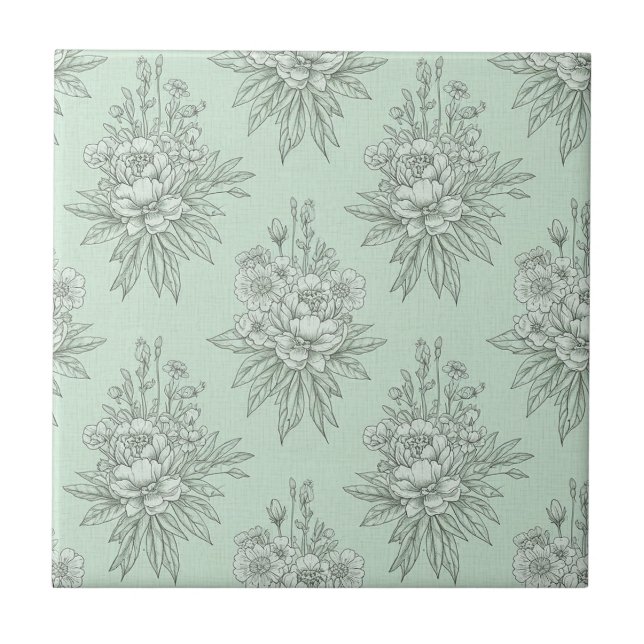 Mint Green Botanical Toile with Floral Bouquets Fliese (Vorderseite)