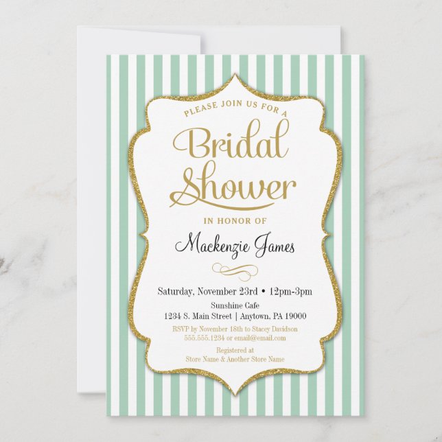 Mint Green Bridal Dusche Einladung Eleganter Strei (Vorderseite)