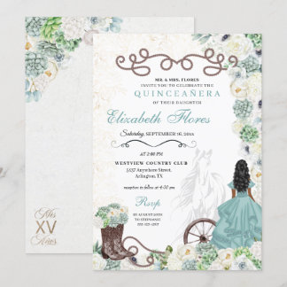Mint Green Cacti Western Charro Horse Quinceañera Einladung