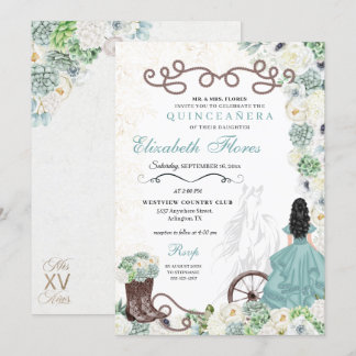 Mint Green Cacti Western Charro Horse Quinceañera Einladung