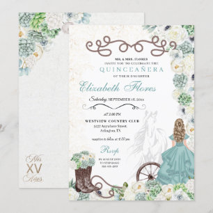 Mint Green Cacti Western Charro Horse Quinceañera Einladung