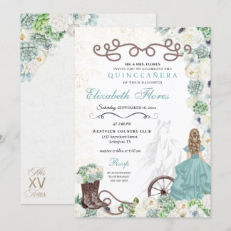 Mint Green Cacti Western Charro Horse Quinceañera Einladung