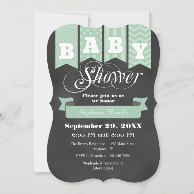 Mint Green Chalkboard Flag Baby Dusche laden ein Einladung (Vorderseite)