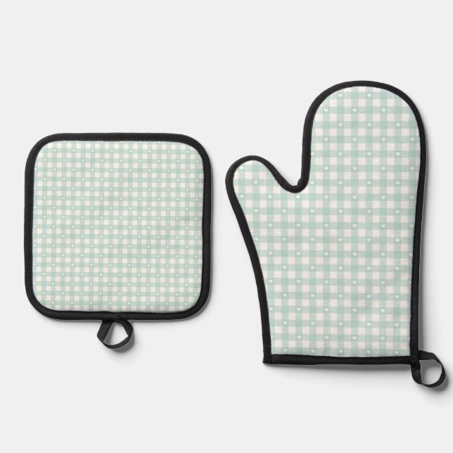 Mint Green Checks Oven Mitt & Pot Holder Set (Vorderseite)