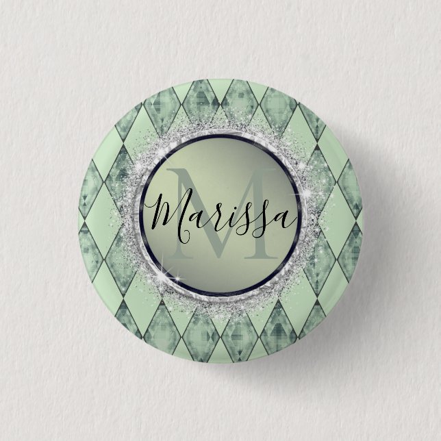 Mint Green Chic Harlequin Monogram Button (Vorderseite)