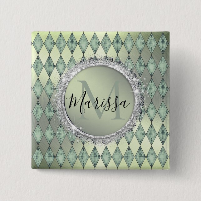 Mint Green Chic Harlequin Monogram Button (Vorderseite)
