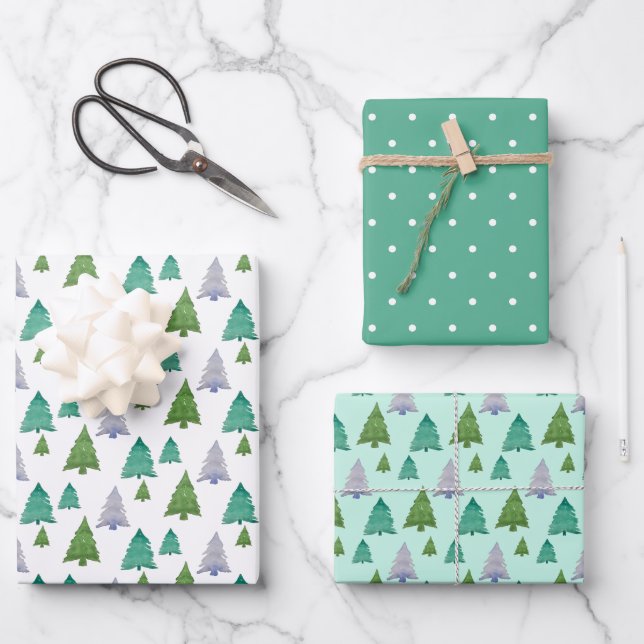 Mint Green Christmas Tree Watercolor Pastel Geschenkpapier Set (Vorderseite)