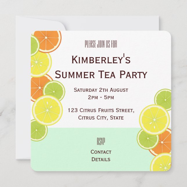 Mint Green Citrus Fruit Slices Summer Tee Party Einladung (Rückseite)