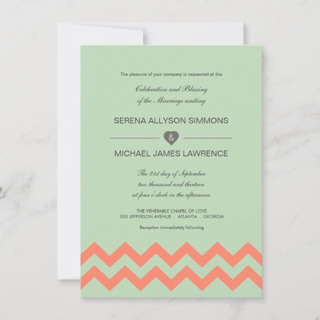 Mint Green & Coral Zickzack Hochzeitseinladung Einladung (Vorderseite)