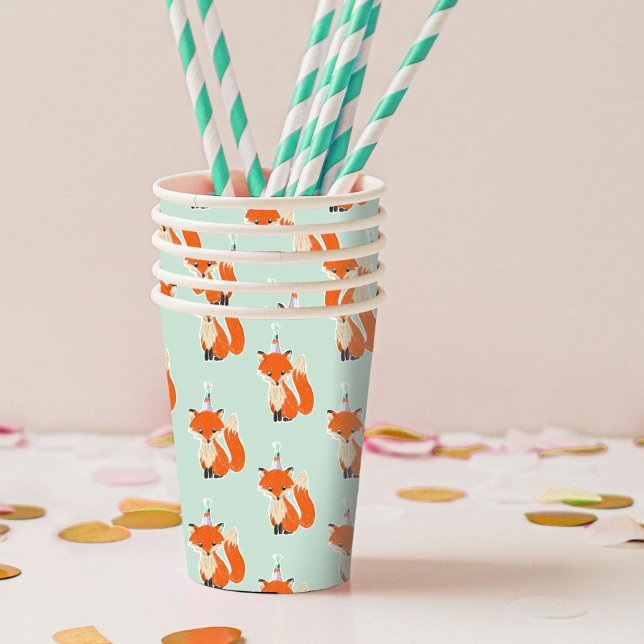 Mint Green Cute Fox Party Hat Woodland Birthday Pappbecher (Illustrated fox in a party hat birthday paper cups.)