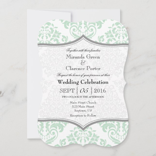 Mint Green Damask Bracket Wedite Einladung (Vorderseite)
